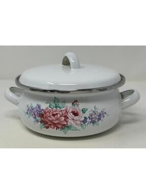 Enamel White Pot With Lid And Flowers Design No Brand